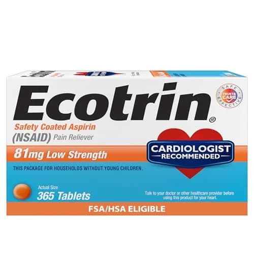 Ecotrin Low Strength Aspirin 81mg | Heart & Stomach Safe, 365 Tablets thumbnail 1