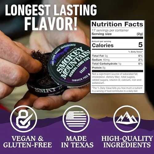 Smokey Mountain Herbal Long Cut Grape, 5 Can Box | Tobacco-Free Nicotine-Free Herbal Snuff thumbnail 4