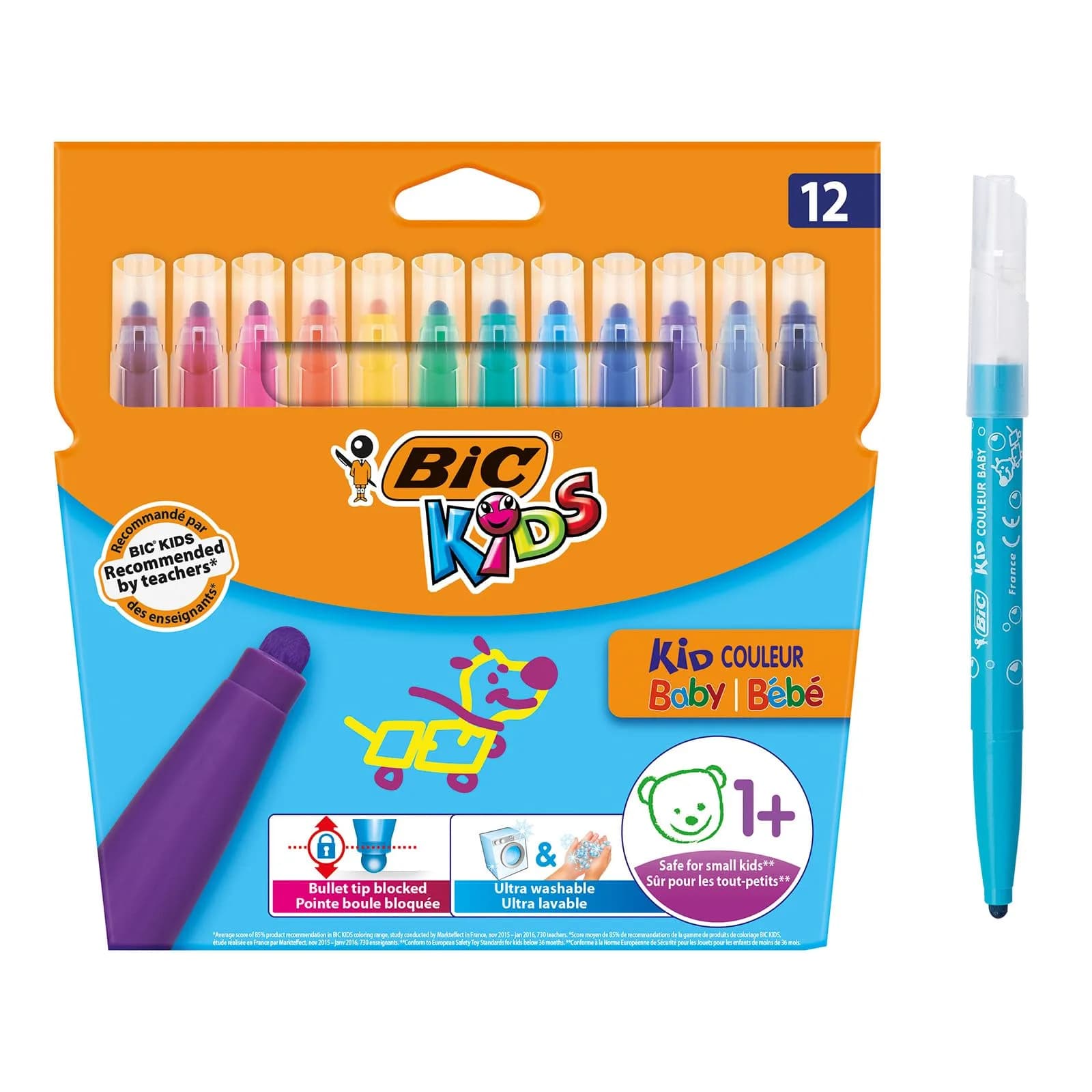 BIC Kids Kid Couleur Baby Colouring Pens 12 Pack | Ultra-Washable, Vibrant & Safe for 1+