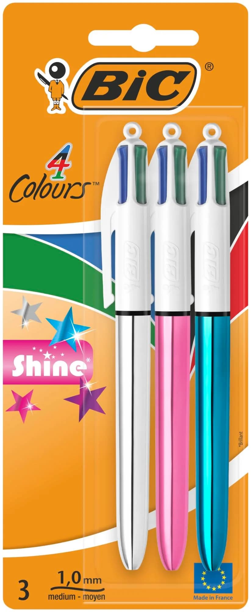 BIC 4 Colours Shine Ballpoint Pens | Refillable, 3 Pack, Metallic Barrel, 1mm Point