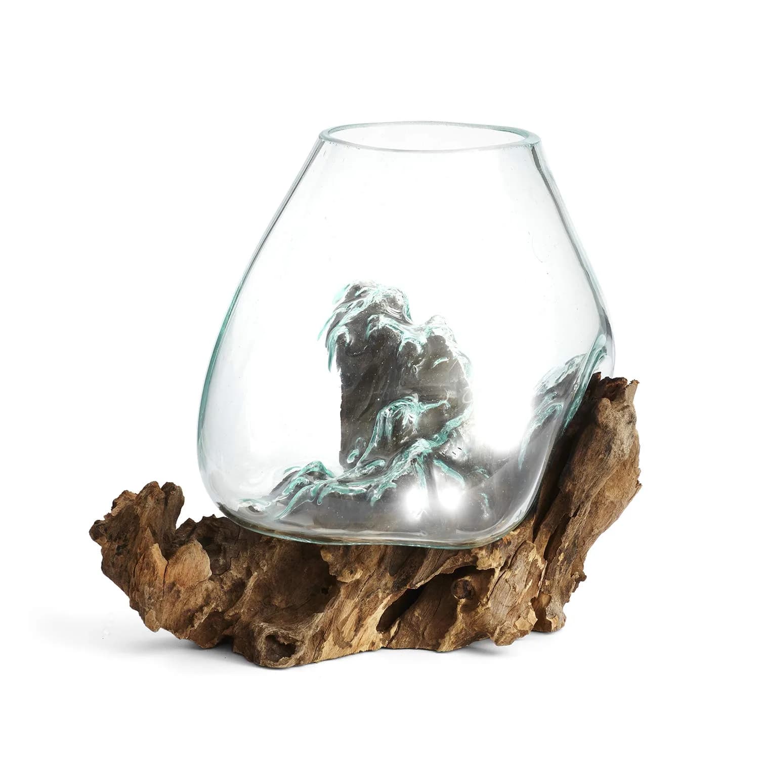 Cohasset Molten Glass | #650-24 | Handcrafted Terrarium & Fairy Garden Sculpture | 9.5" Wide | Recycled Glass & Wood — Natural Wood and Recycled Glass