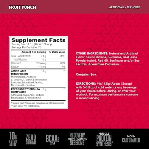 BSN Amino X Recovery Powder with BCAAs, Fruit Punch, 1kg (35.84oz) | Stimulant-Free Muscle Recovery & Endurance Support thumbnail 2