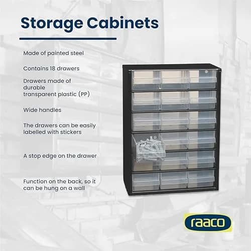 Raaco Steel Storage Cabinet, 18-Drawer | Durable Metal Hardware Organizer for Workshop & Garage thumbnail 2