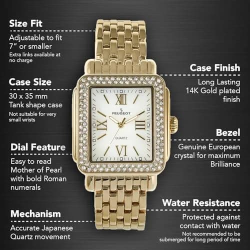 Peugeot Women's Rectangle Crystal Bezel Roman Numeral Bracelet Watch | Elegant Mother-of-Pearl Dial (30mm) for Women thumbnail 6