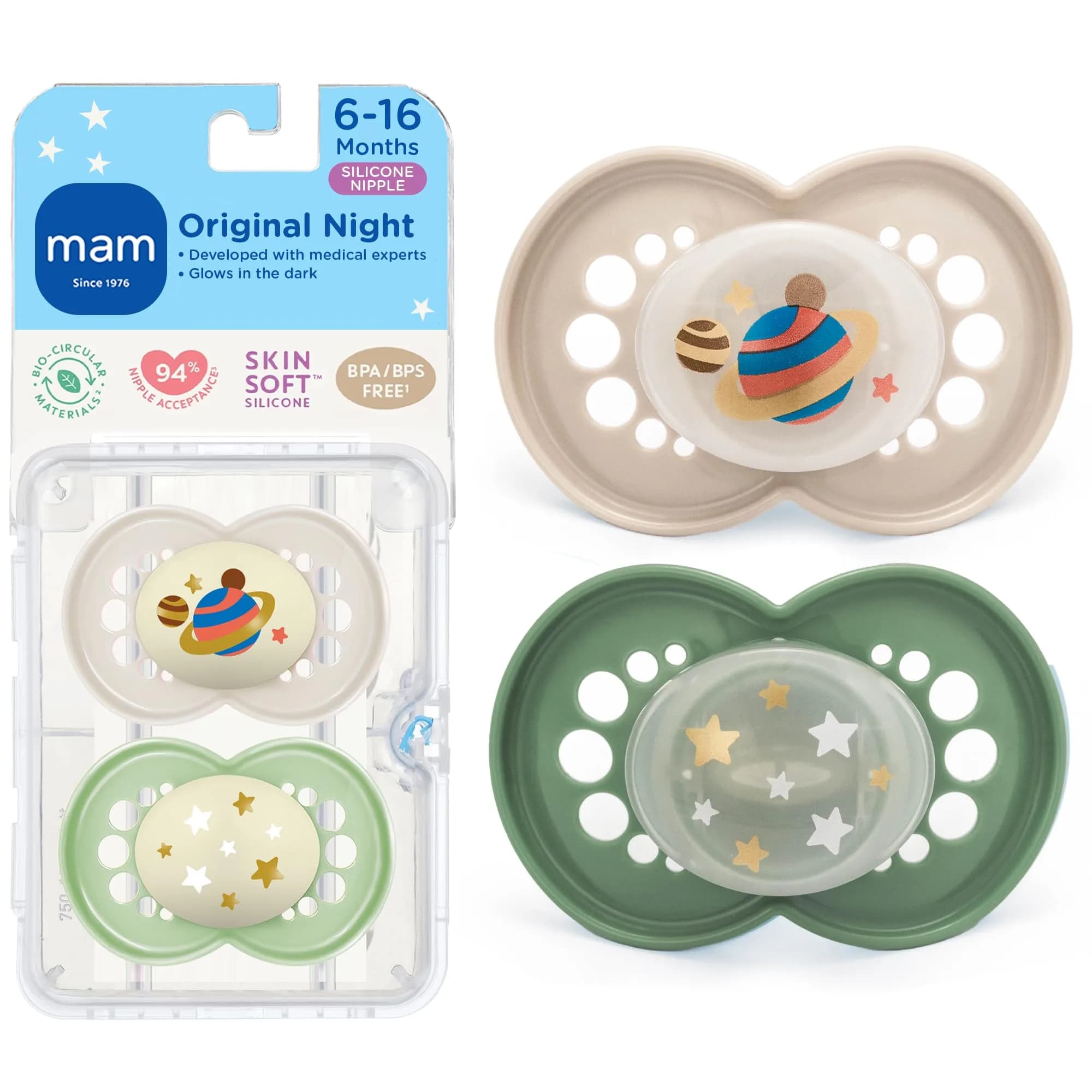 MAM Original Baby Pacifiers 6-16 Months, Glows in The Dark, 2 Pack | Developed with Pediatric Dentists & Specialists - main product image