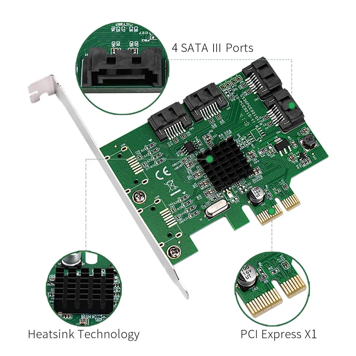4 Port SATA III Expansion Card with Low Profile Bracket - 6Gbps SATA 3.0 PCI Express x1 Marvell 9215 thumbnail 2