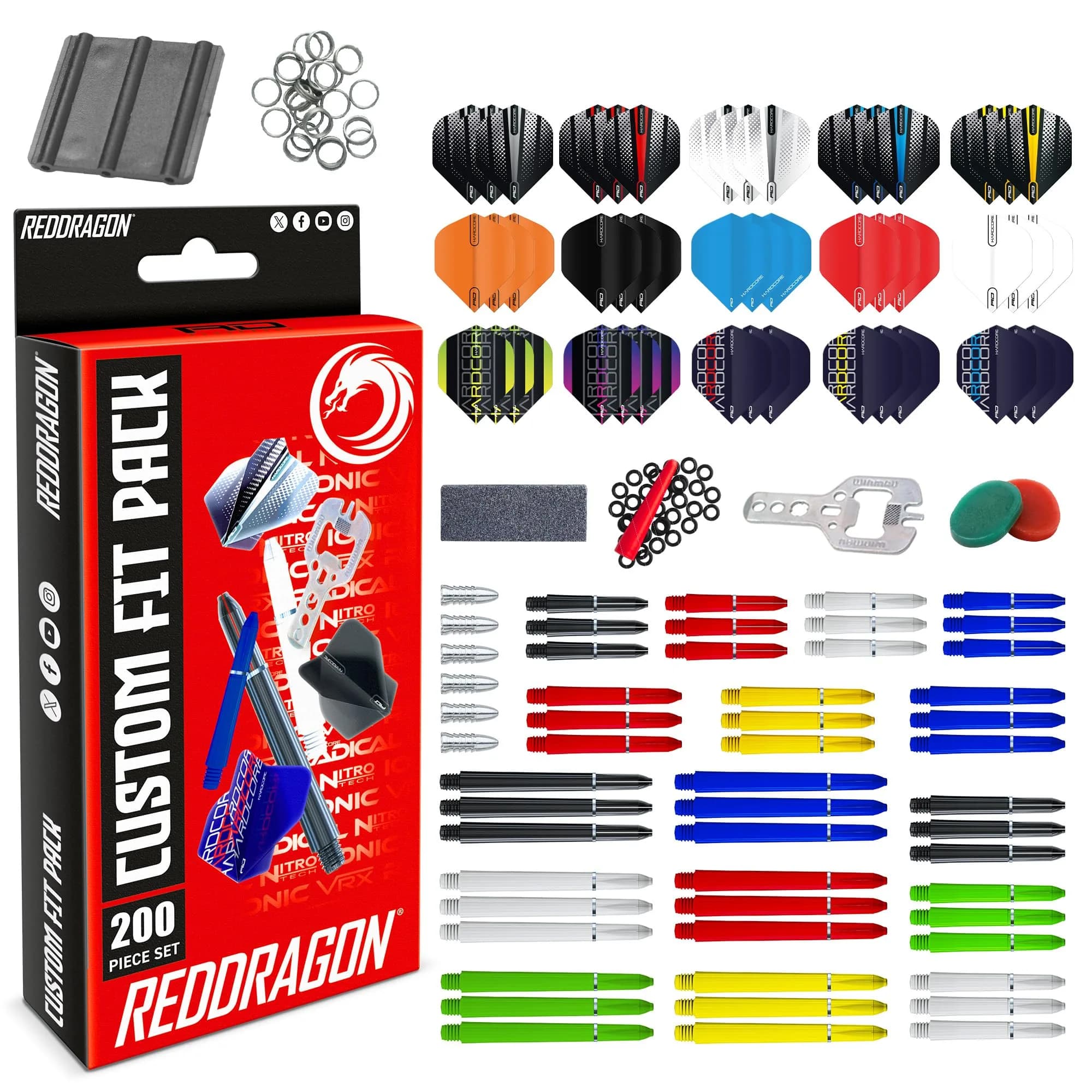 RED DRAGON Professional Darts Accessories Kit - 200+ Pieces | Multi-Coloured Nylon — Accessory Pack - 200 Piece