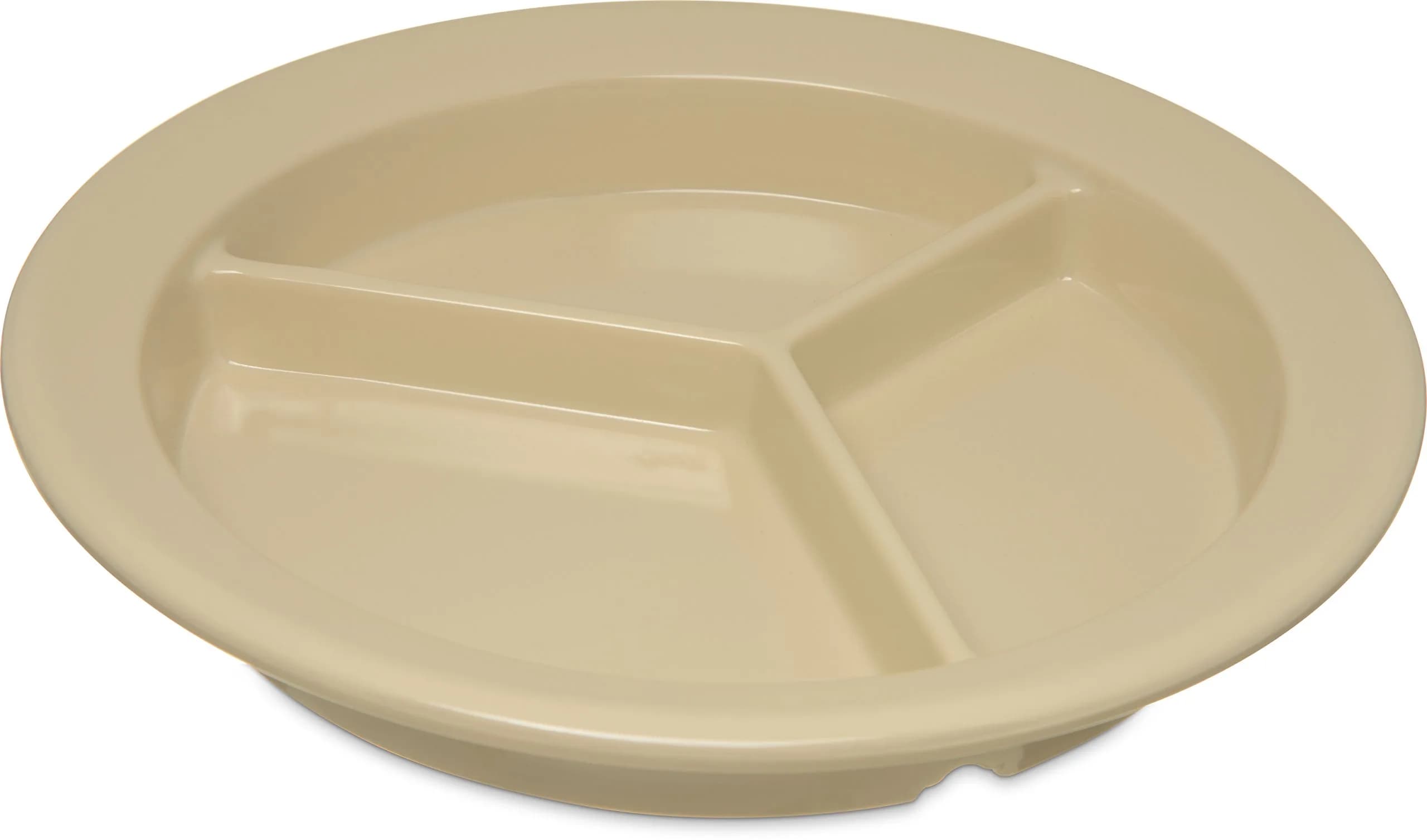 Carlisle FoodService Dallas Ware Plastic Divided Plate 9 Inches | Heavyweight Melamine, 3 Compartments, Tan, Pack of 24
