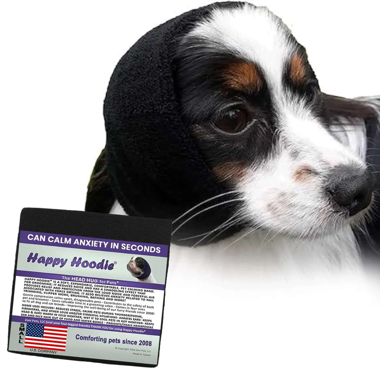 Zoni Pets Happy Hoodie Original Dog & Cat Calming Band, Purple, 13-18” Head Girth | Noise & Anxiety Relief for Grooming, Thunder, Fireworks — Black / Small