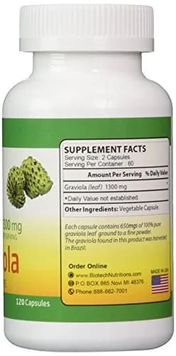 Biotech Nutritions Graviola Capsules 1300mg (120 Count) thumbnail 2