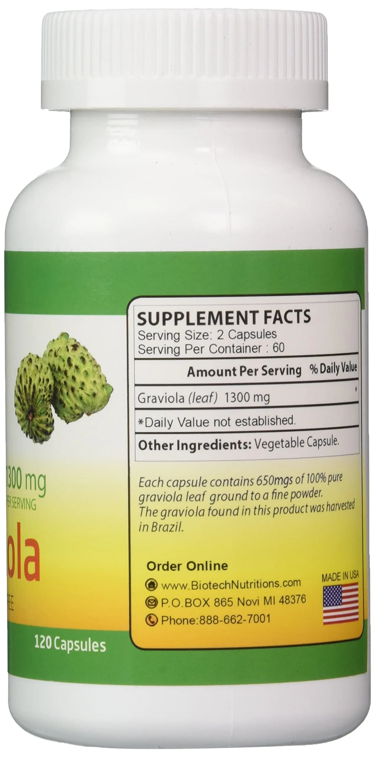 Biotech Nutritions Graviola Capsules 1300mg (120 Count) - view 2