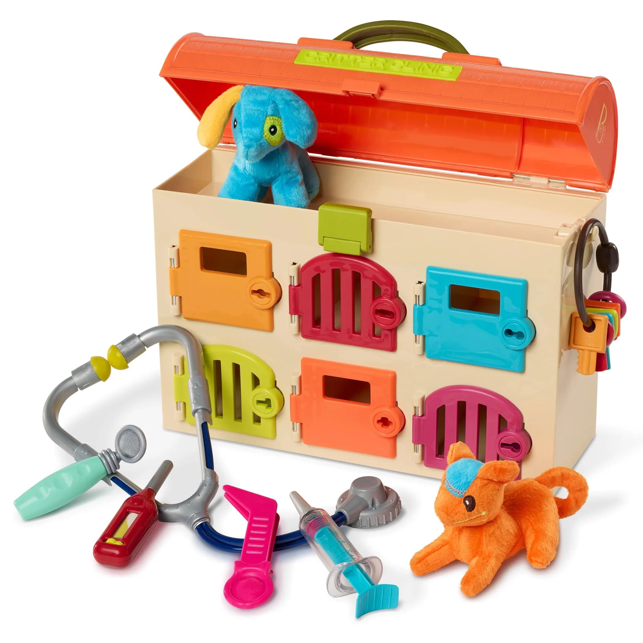 B. toys Critter Clinic Vet Set, Portable Animal Hospital | 6 Rooms, 5 Tools, 2 Plush Pets, Portable Handle (2+ Years) — Multi-color