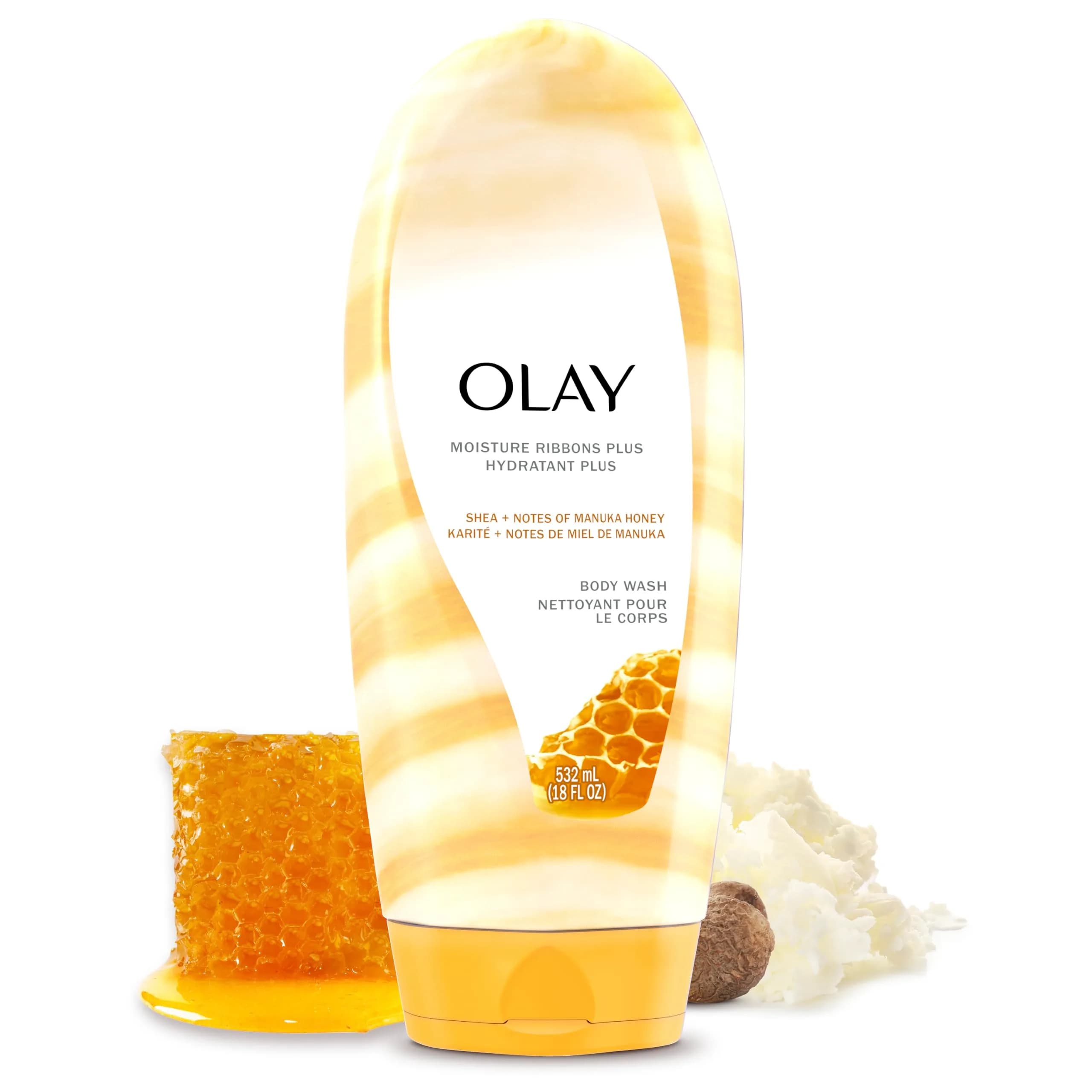 Olay Moisture Ribbons Plus Body Wash Shea Butter & Manuka Honey 532ml (18 fl oz) | Deeply Conditioning for All Skin Types — Shea Butter & Manuka Honey