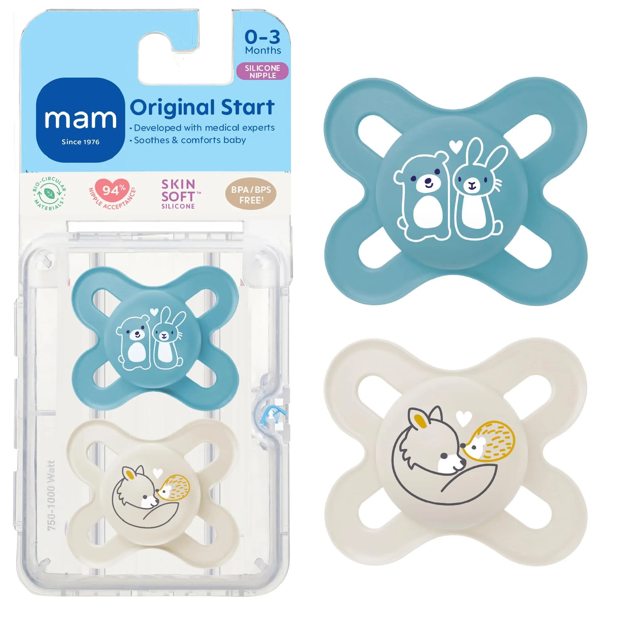 MAM Original Start Baby Pacifiers 0-3 Months SkinSoft Silicone, 2 Pack | Developed with Orthodontists - main product image