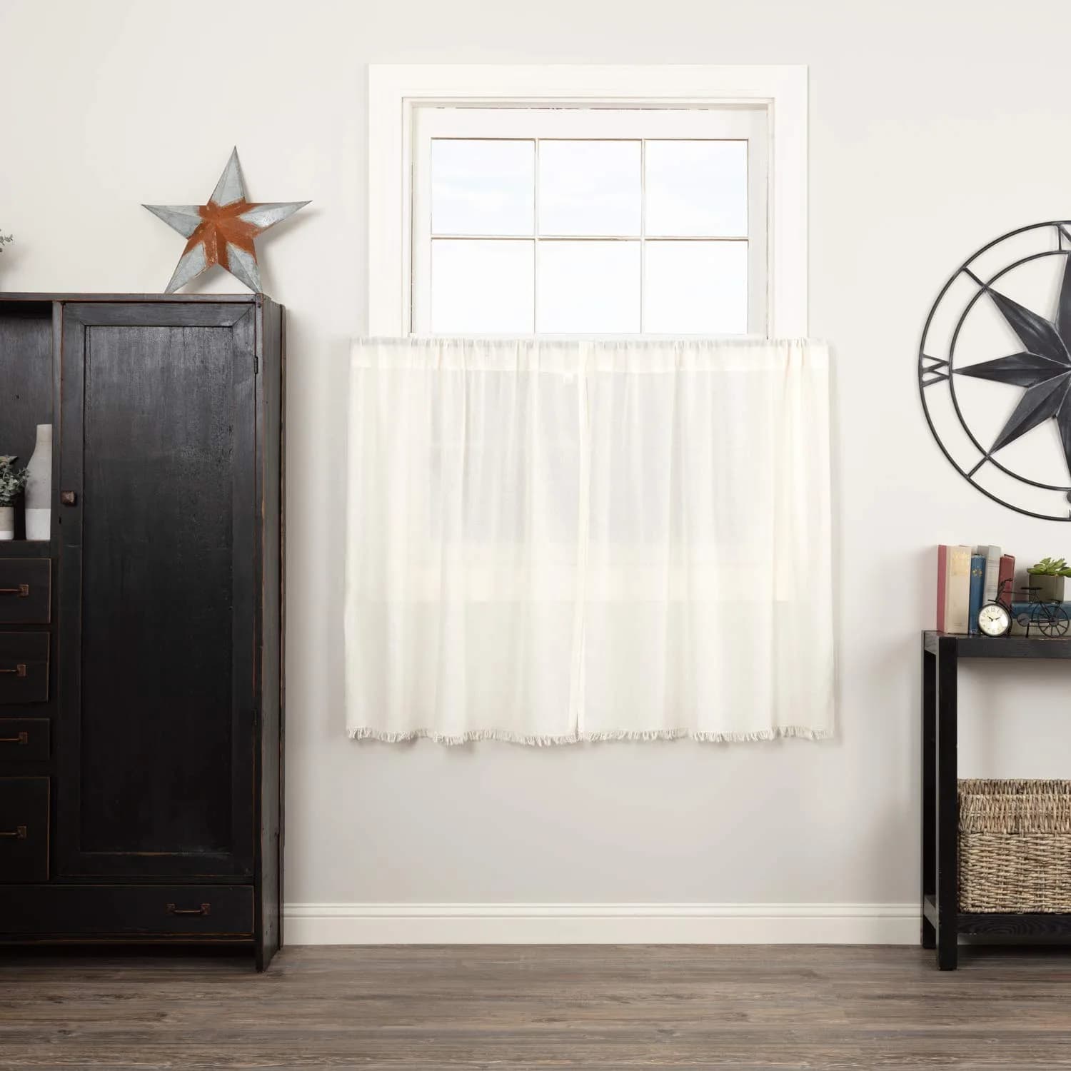 VHC Brands Tobacco Cloth Tier Fringed Curtains 36x36 inch | Sheer White Farmhouse Decor - main product image