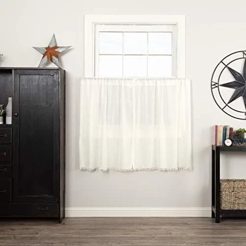 VHC Brands Tobacco Cloth Tier Fringed Curtains 36x36 inch | Sheer White Farmhouse Decor thumbnail 1