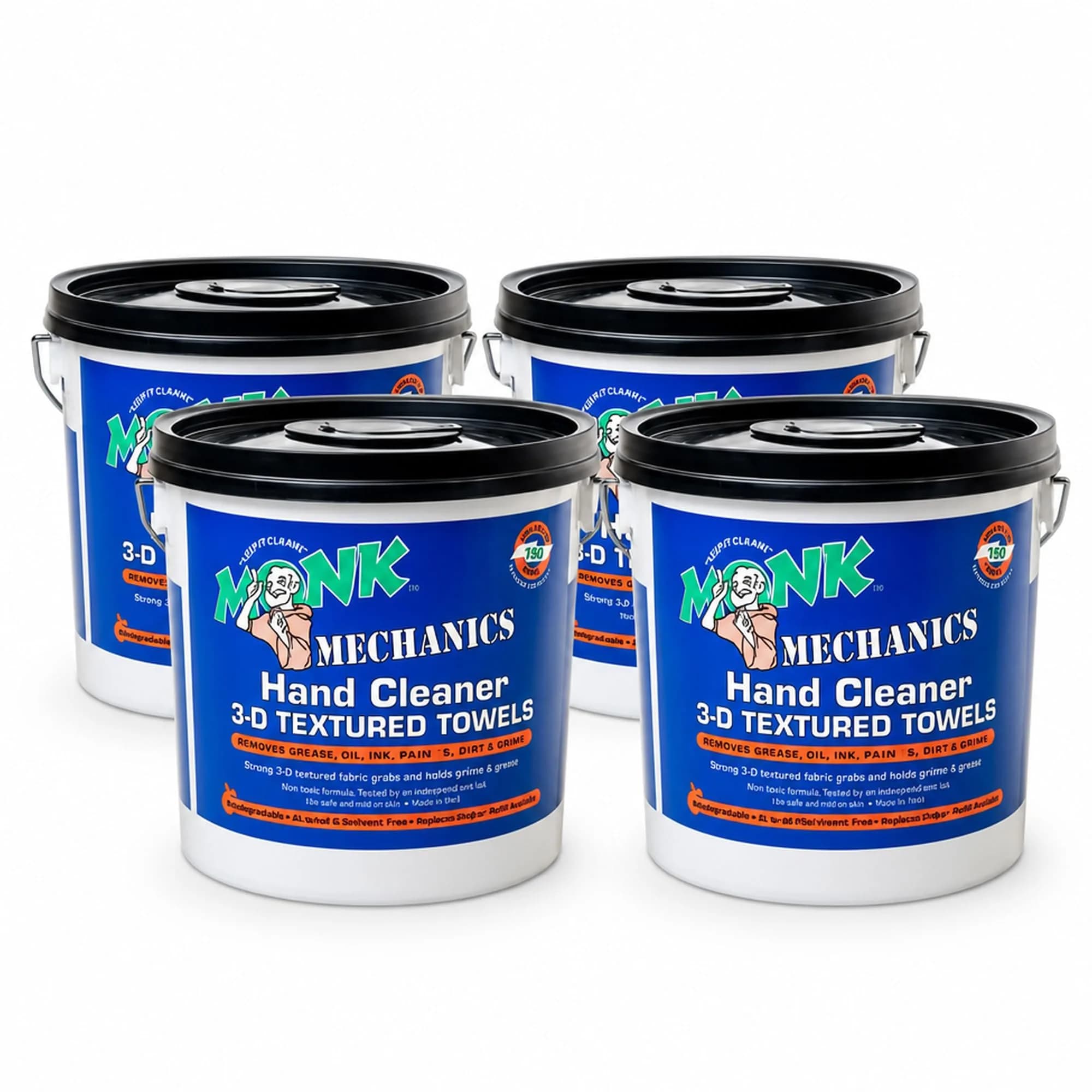 Monk Hand Cleaner Towels (4 Buckets of 130 Count) | Heavy-Duty Grease & Dirt Removal for Mechanics & Workshops