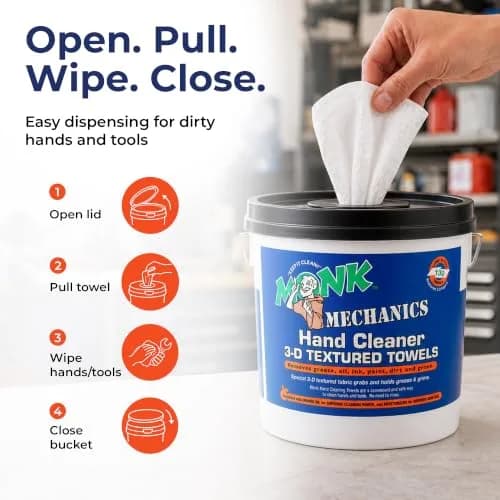 Monk Hand Cleaner Towels (4 Buckets of 130 Count) | Heavy-Duty Grease & Dirt Removal for Mechanics & Workshops thumbnail 5