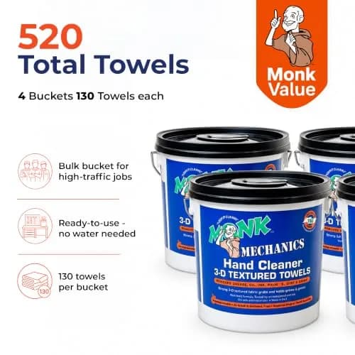 Monk Hand Cleaner Towels (4 Buckets of 130 Count) | Heavy-Duty Grease & Dirt Removal for Mechanics & Workshops thumbnail 3