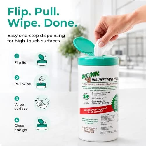Monk Disinfecting Wipes 80 Count | Heavy Duty Surface Disinfectant for Commercial & Home Use thumbnail 5