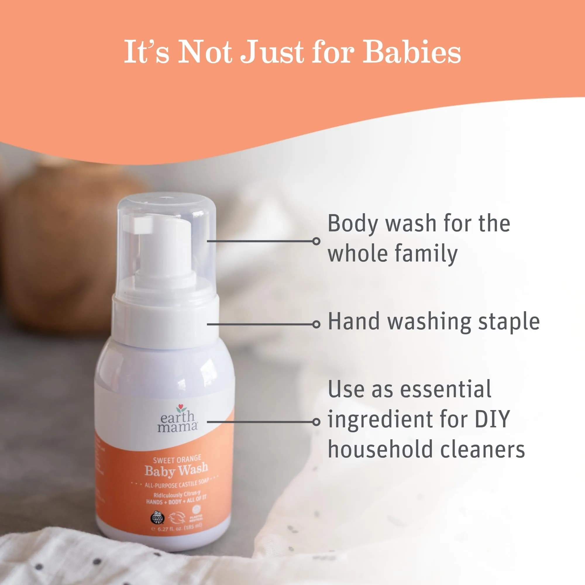 Earth Mama Sweet Orange Baby Wash Foaming Soap 185ml (6.27 Fl Oz) | Gentle Castile Soap for Sensitive Skin - view 2
