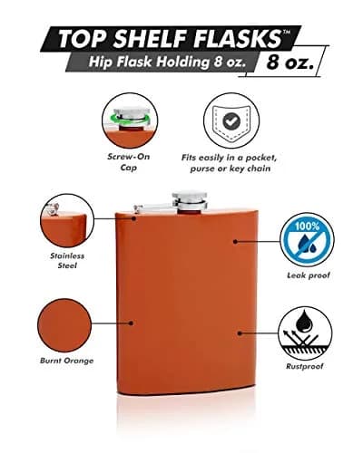 Top Shelf Flasks 8 oz Hip Flask with Leak Proof Cap | Burnt Orange Stainless Steel thumbnail 2