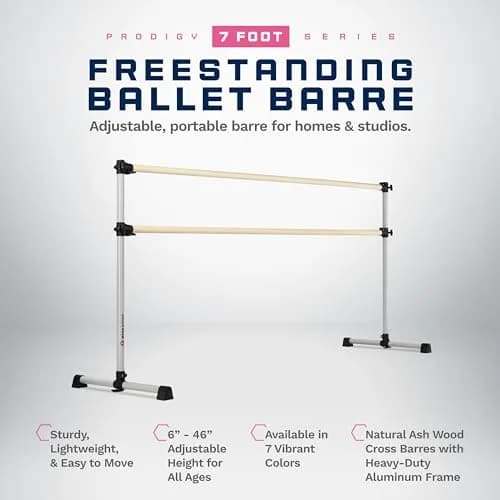Vita Vibe Prodigy 7 Ft Satin Silver Freestanding Double Ballet Barre | Adjustable Height, USA Made for Kids & Adults thumbnail 2