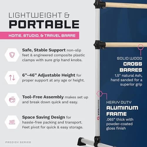 Vita Vibe Prodigy 7 Ft Satin Silver Freestanding Double Ballet Barre | Adjustable Height, USA Made for Kids & Adults thumbnail 3