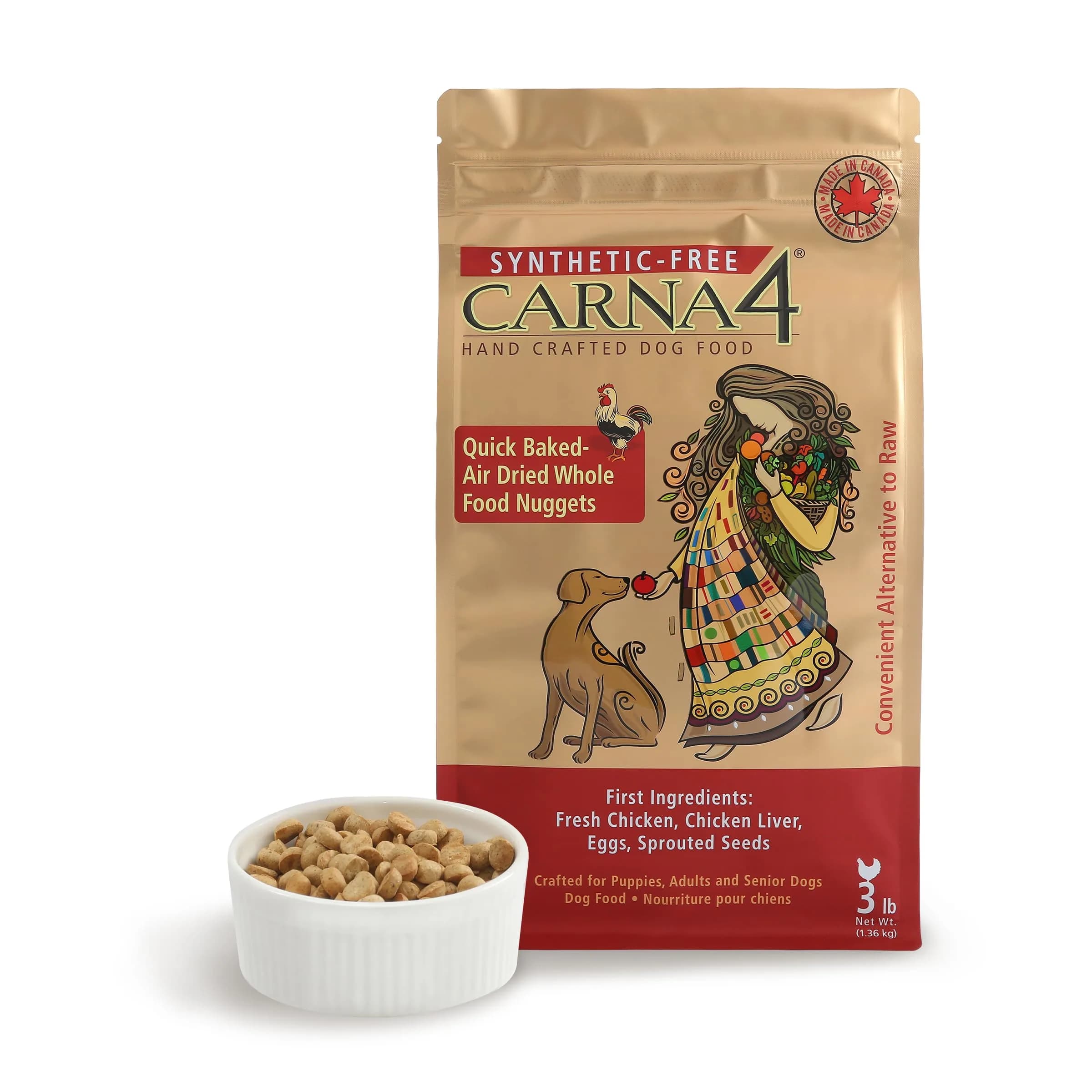 CARNA4 Gentle Quick-Baked Air-Dried Dog Food, Chicken Recipe, 3lb | Complete, Synthetic-Free Nutrition for All Breeds