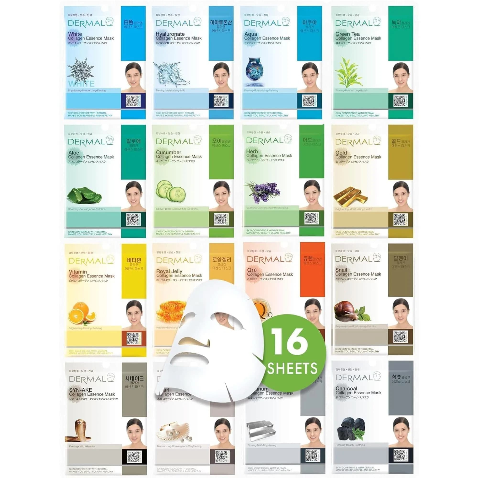 DERMAL 32 Collagen Korean Essence Sheet Mask Variety Pack, A+B Set (32 Count, 28.91ml Total) — Set a 16 Colors