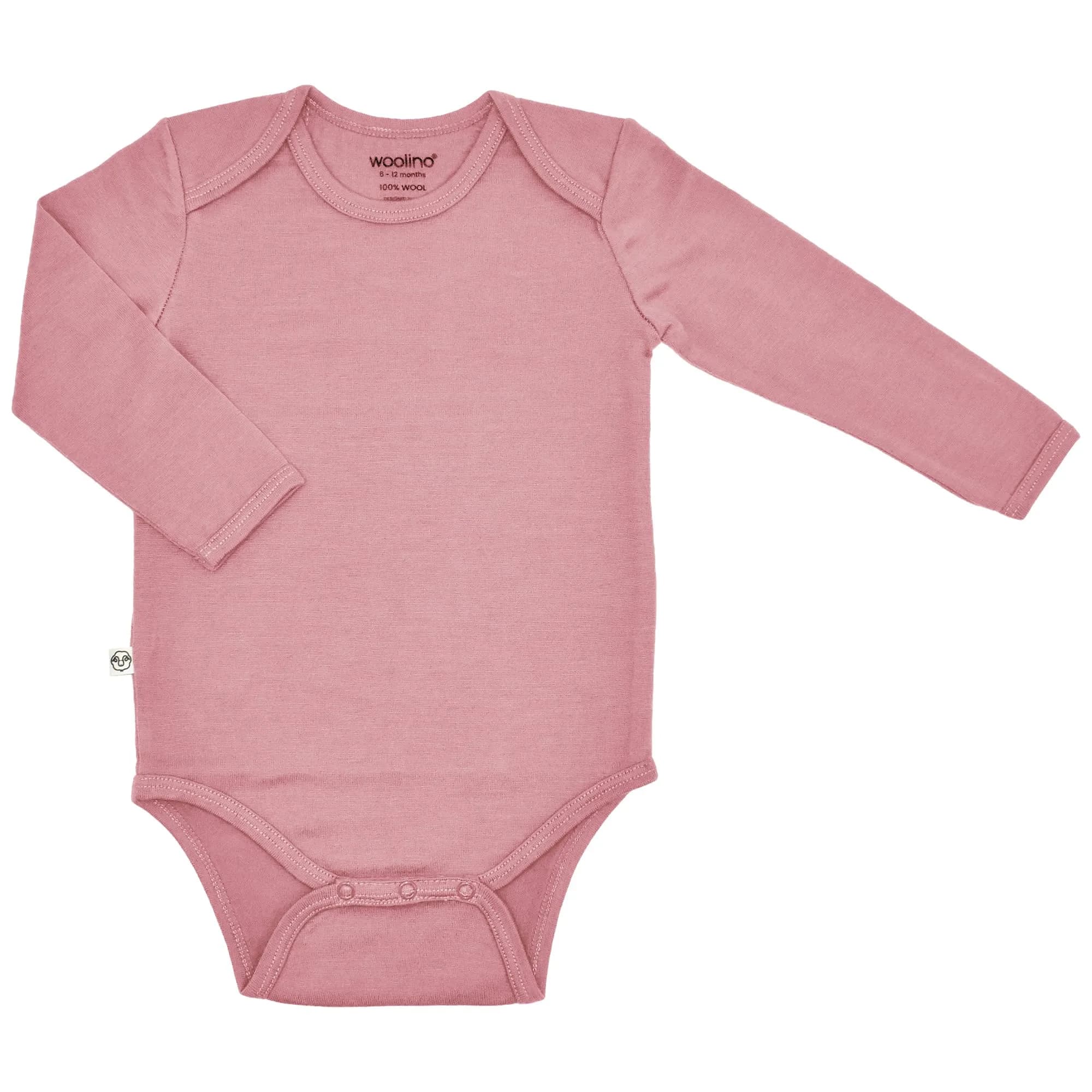 Woolino 100% Superfine Merino Wool Baby Bodysuit Long Sleeve 3-6 Months | Temperature-Regulating & Soft — Blush
