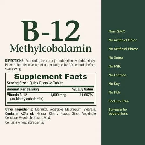 Nature's Bounty Vitamin B12 Microlozenge 1000mcg Cherry | Supports Heart Health & Energy Metabolism (60 Count) thumbnail 5