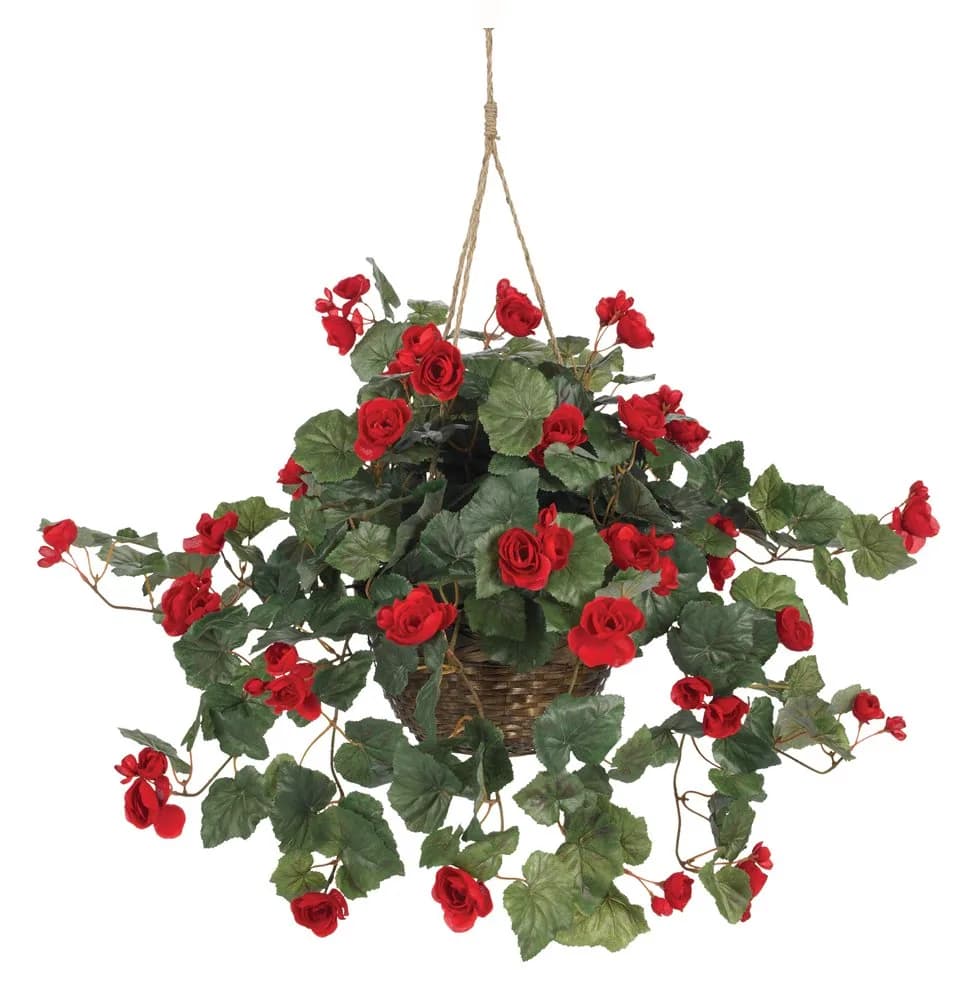 Nearly Natural Begonia Hanging Basket 24 In. H (61 cm) | Realistic Style Artificial Plant with Red Blooms - main product image
