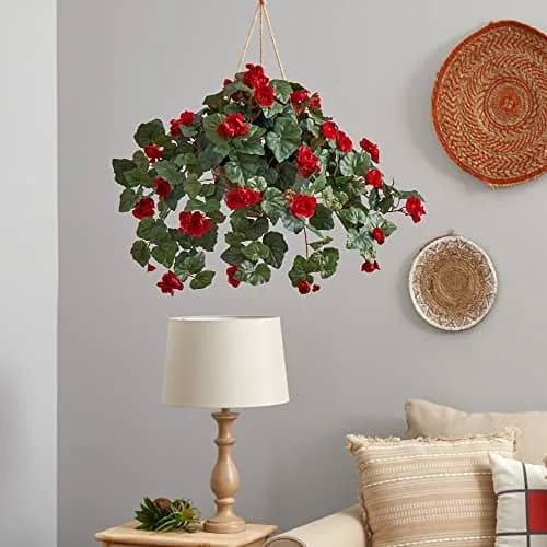 Nearly Natural Begonia Hanging Basket 24 In. H (61 cm) | Realistic Style Artificial Plant with Red Blooms thumbnail 4