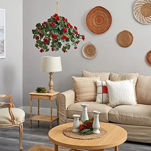 Nearly Natural Begonia Hanging Basket 24 In. H (61 cm) | Realistic Style Artificial Plant with Red Blooms thumbnail 5