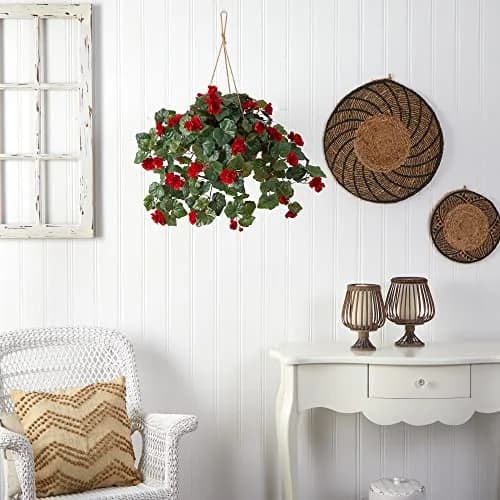 Nearly Natural Begonia Hanging Basket 24 In. H (61 cm) | Realistic Style Artificial Plant with Red Blooms thumbnail 6