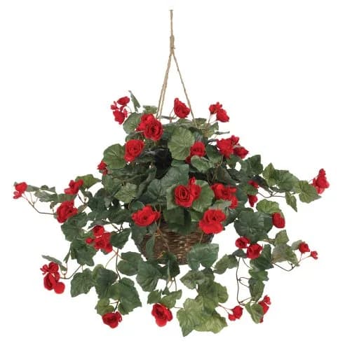 Nearly Natural Begonia Hanging Basket 24 In. H (61 cm) | Realistic Style Artificial Plant with Red Blooms thumbnail 1