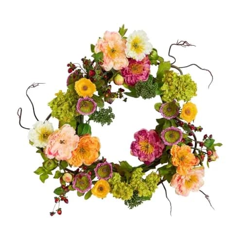 Nearly Natural 24 in Artificial Peony Wreath for Front Door Decor | Spring & Year-Round Elegance thumbnail 1