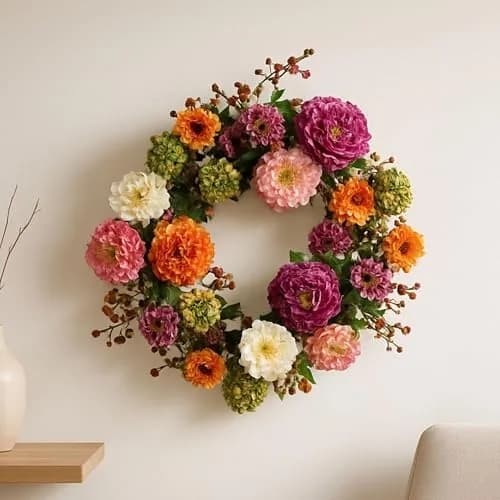 Nearly Natural 24 in Artificial Peony Wreath for Front Door Decor | Spring & Year-Round Elegance thumbnail 2