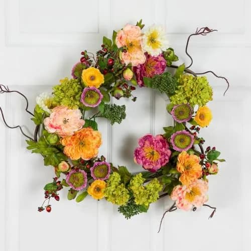 Nearly Natural 24 in Artificial Peony Wreath for Front Door Decor | Spring & Year-Round Elegance thumbnail 3