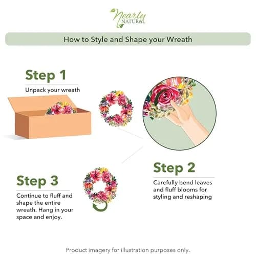 Nearly Natural 24 in Artificial Peony Wreath for Front Door Decor | Spring & Year-Round Elegance thumbnail 4