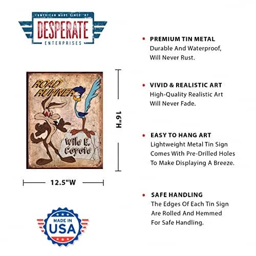 Desperate Enterprises Road Runner & Wile E Coyote Tin Sign - Vintage Metal Wall Decor - Made in USA thumbnail 2