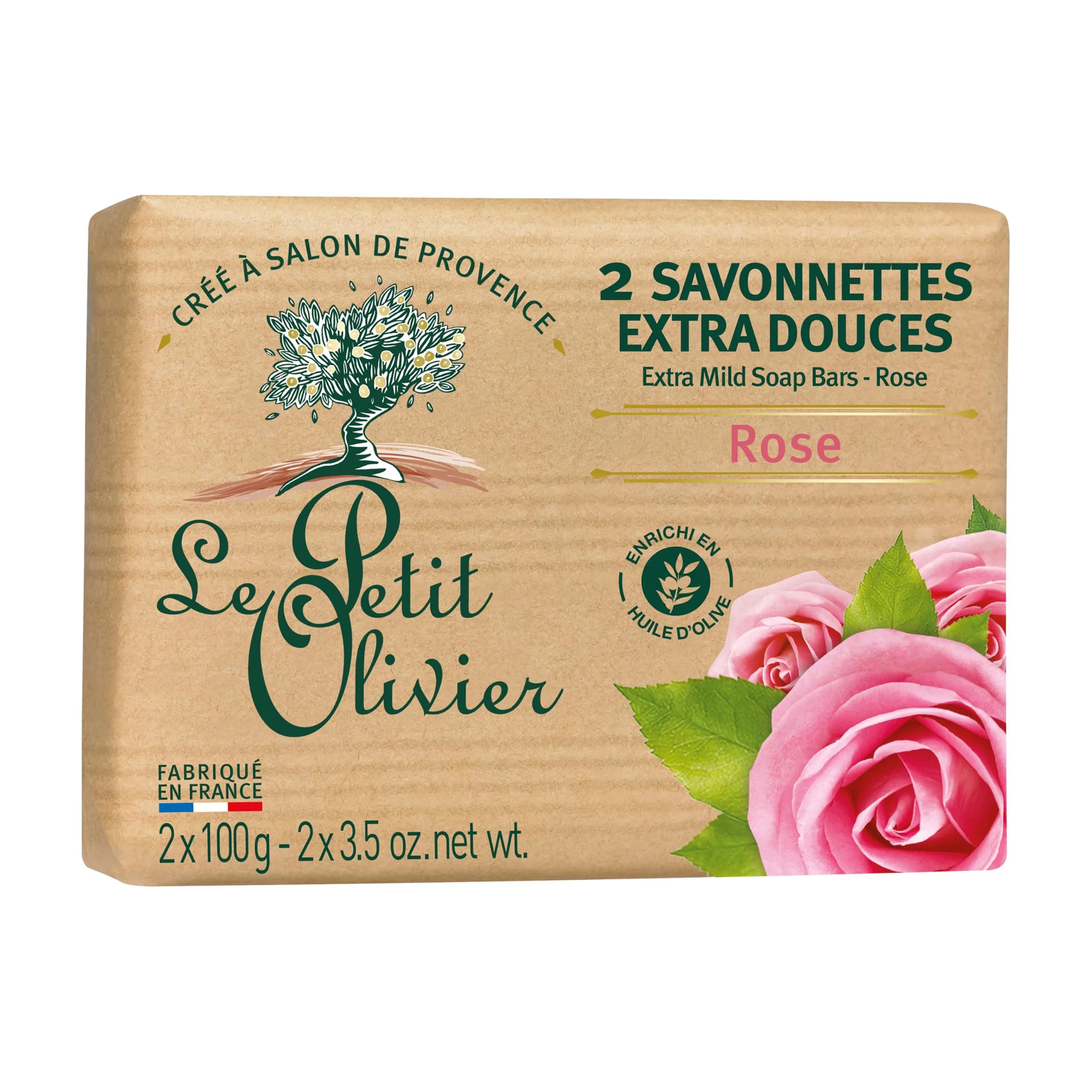 Le Petit Olivier Extra Mild Rose Soap Bars 2 x 3.5 oz | Enriched with Olive Oil & Natural Extracts