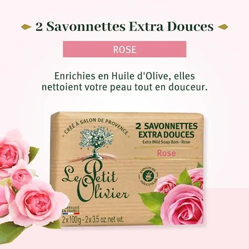 Le Petit Olivier Extra Mild Rose Soap Bars 2 x 3.5 oz | Enriched with Olive Oil & Natural Extracts thumbnail 2