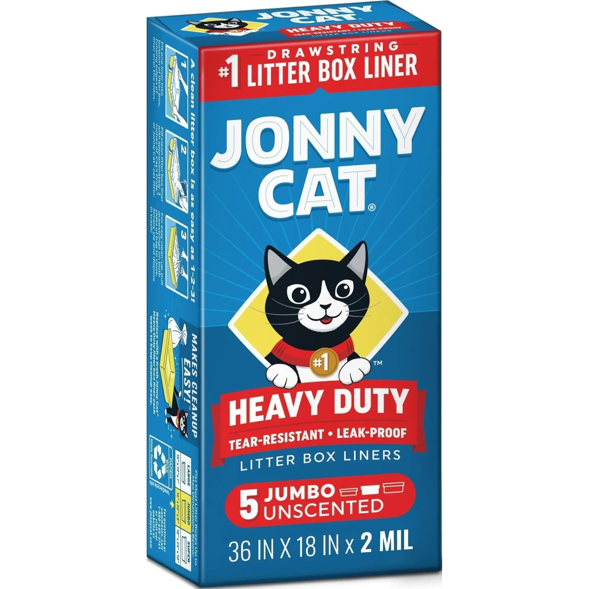 Jonny Cat Heavy Duty Jumbo Litter Box Liners 5 Count (36in x 18in) | Tear & Leak Resistant Drawstring Bags - main product image