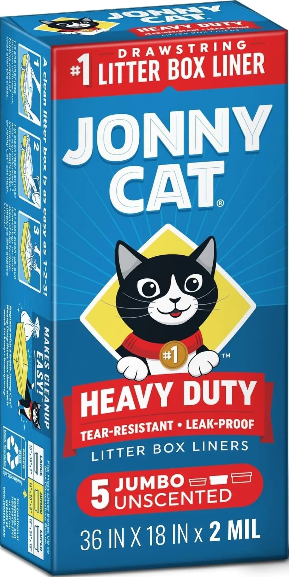 Jonny Cat Heavy Duty Jumbo Litter Box Liners 5 Count (36in x 18in) | Tear & Leak Resistant Drawstring Bags — Jumbo