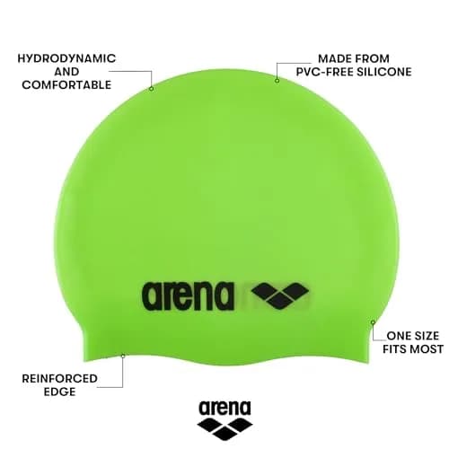 Arena Classic Unisex Silicone Swim Cap for Women and Men, Acid Lime/Silver | Hydrodynamic, Durable & Comfortable (70-120 chars) thumbnail 2