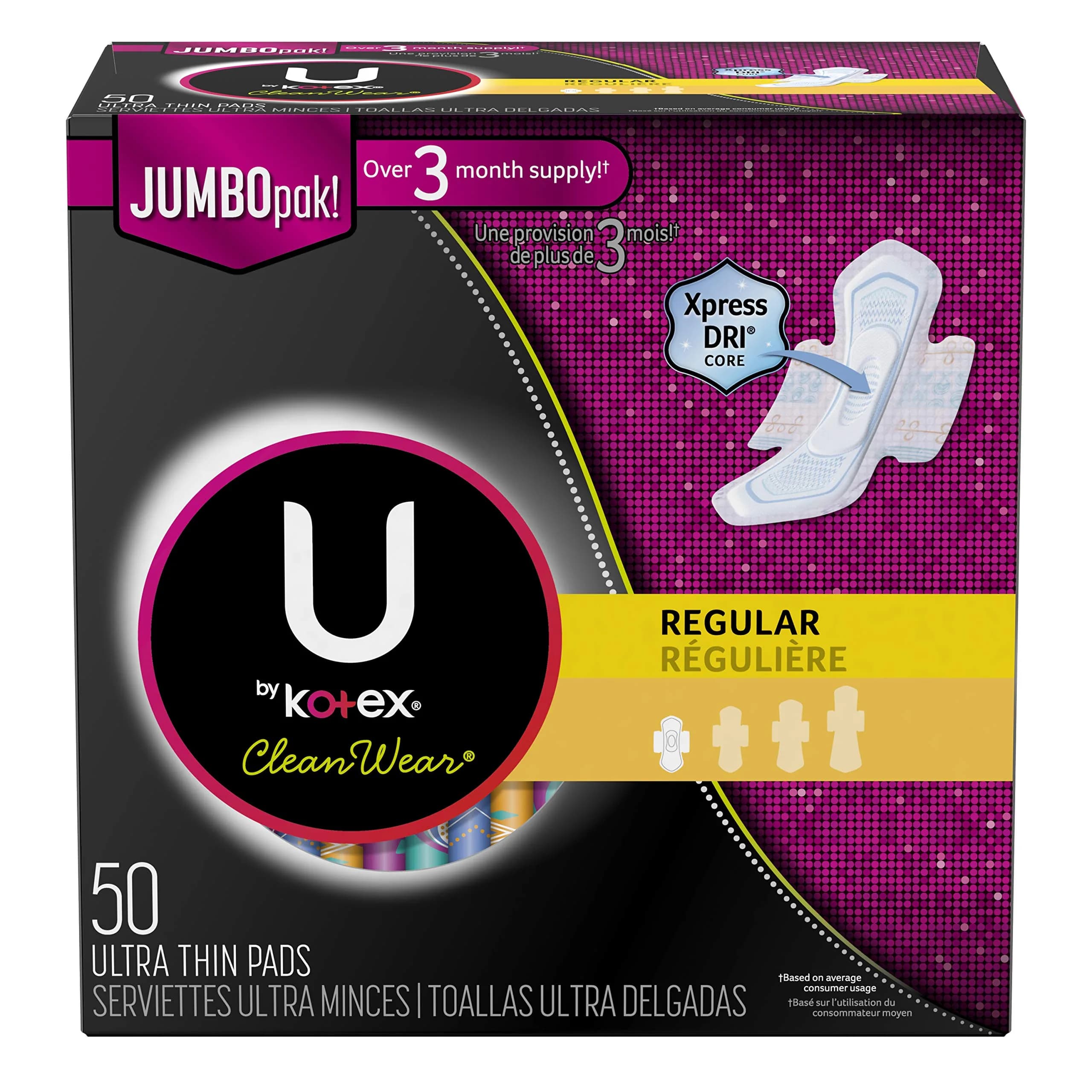 U by Kotex CleanWear Ultra Thin Feminine Pads with Wings, Regular, Fragrance-Free, 50 Count | USA Imported, Duties Included - main product image