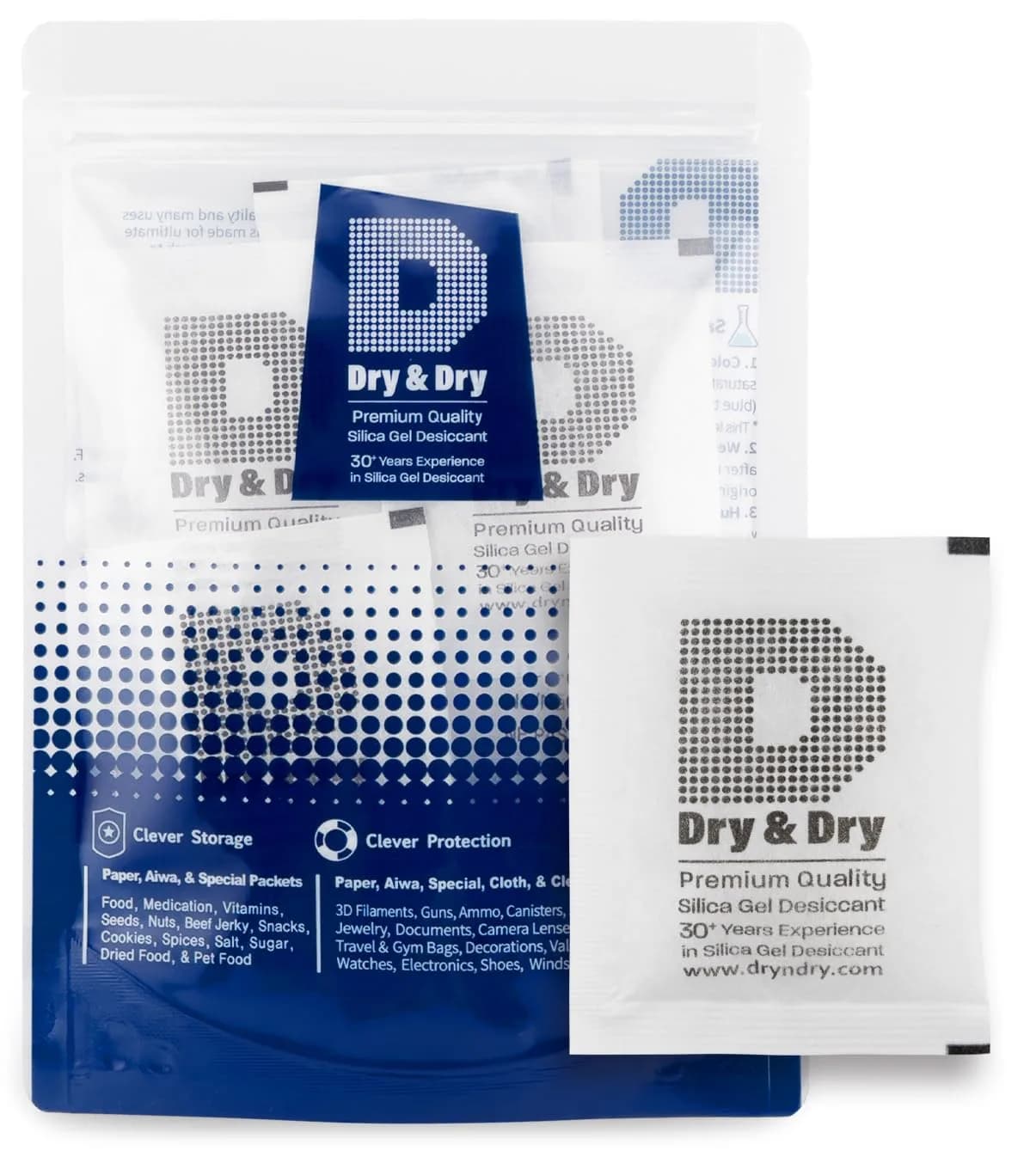 Dry & Dry 5 Gram Silica Gel Packets (50 Count) | Rechargeable Moisture Absorbers for Food, Electronics, 3D Filament & Safes — 20 Gram