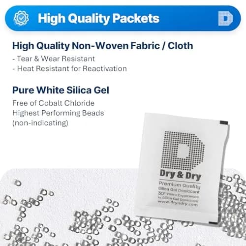 Dry & Dry 20 Gram Silica Gel Packets (5-Pack, White) | Rechargeable Moisture Absorbers for Food Storage, Electronics, 3D Filament & Safes thumbnail 2